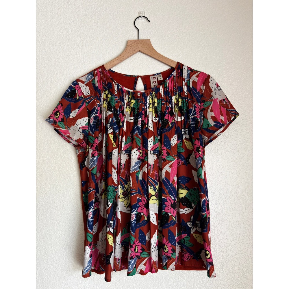 Dolan Left Coast Collection Floral Mixed Media Pleated Top Rust Orange Medium